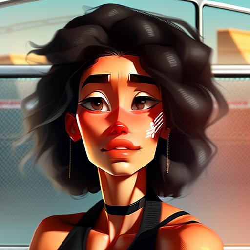 00127-2442742603-fresco full body portrait of a athletic, slight, Depressed bus driver woman, Grandiose, furled brow, with long curly black hair.png